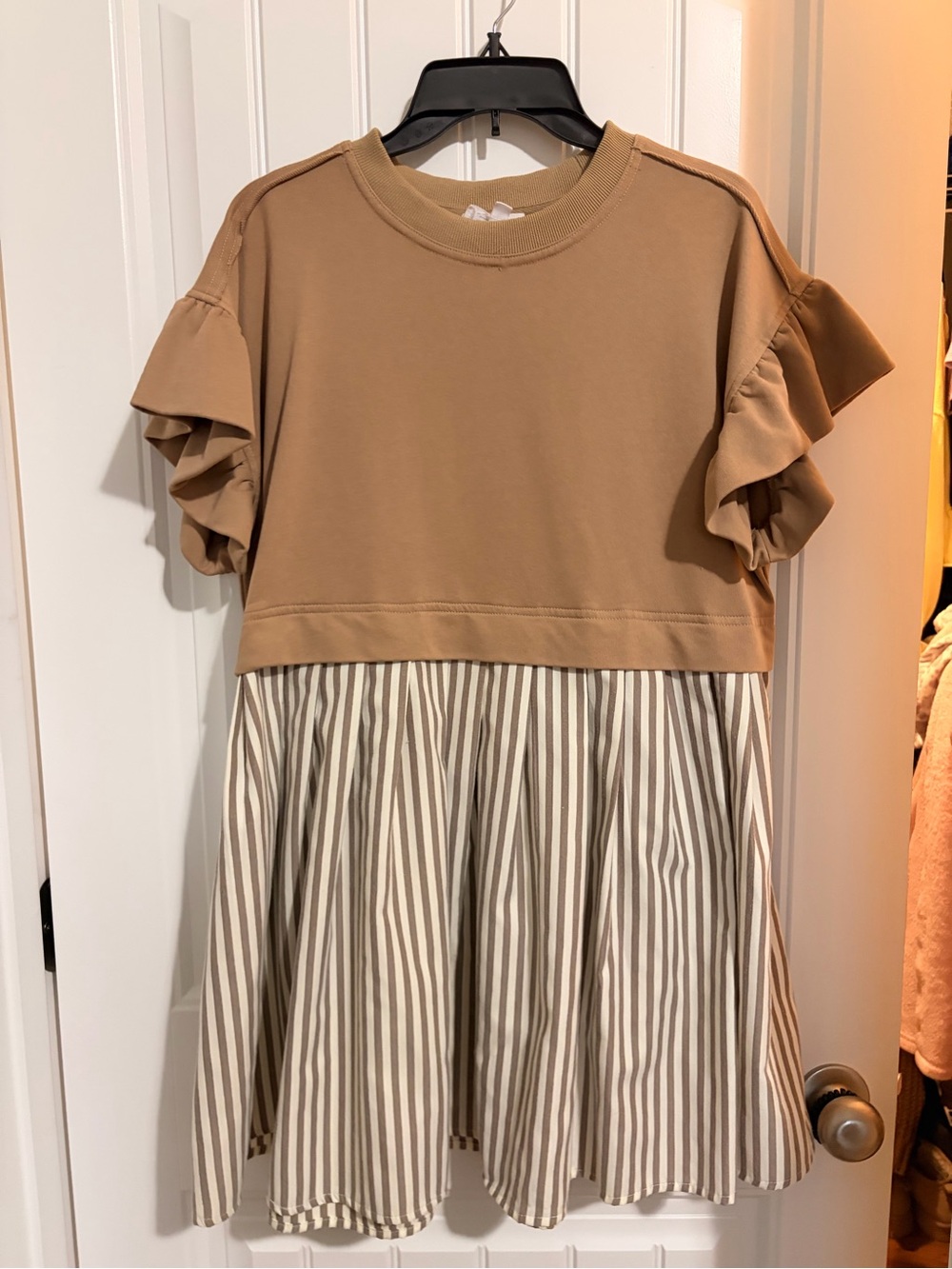 Women’s Tan Ruffle Sleeve Dress with Striped Skirt